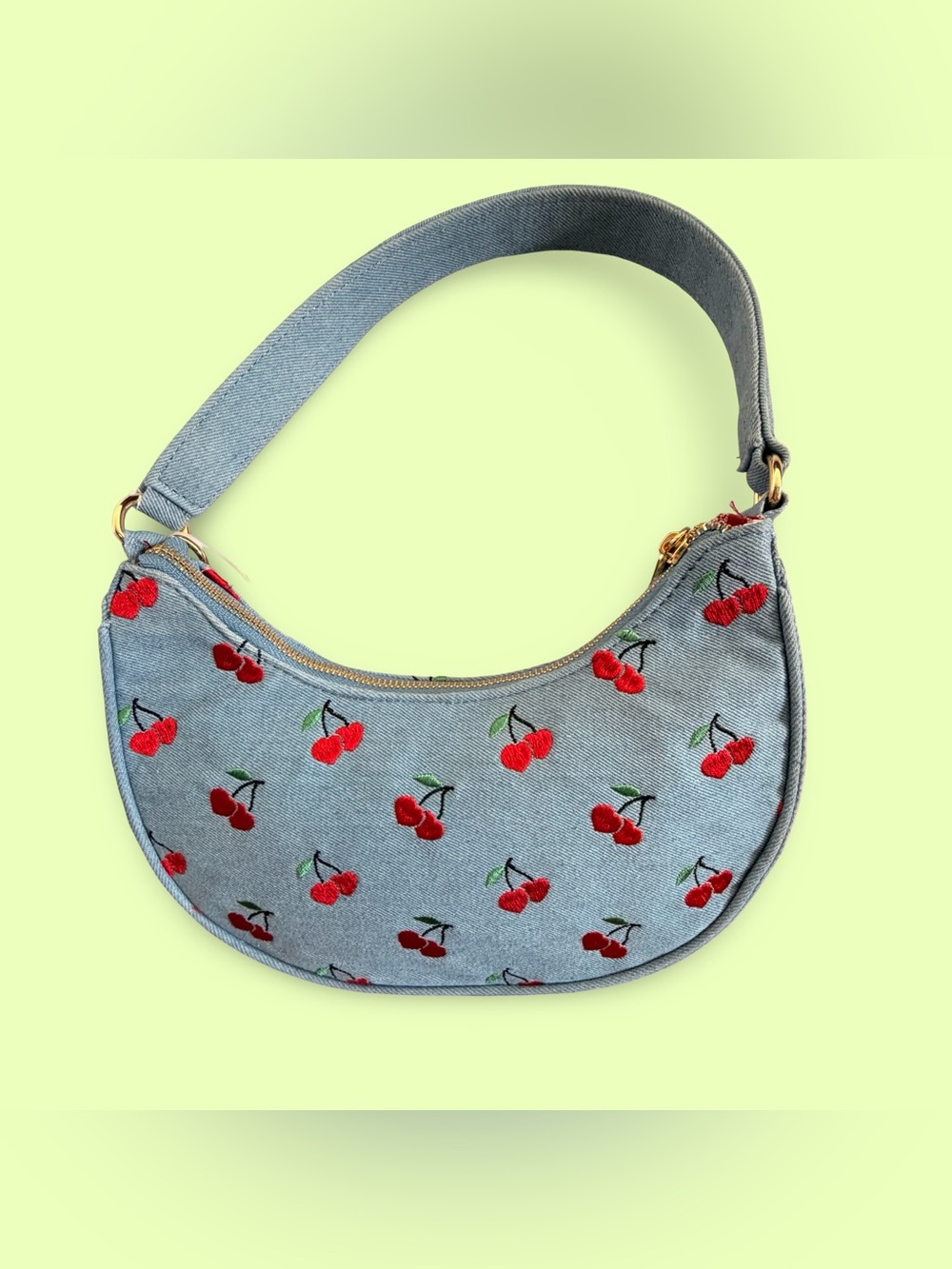 Betsey Johnson Denim Cherry Hearts Shoulder Bag with Gingham Cherry Charm - Picture 3 of 3